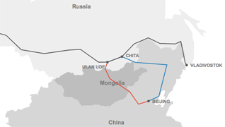 Map of transsiberian railwray routes through Russia, China and Mongolia